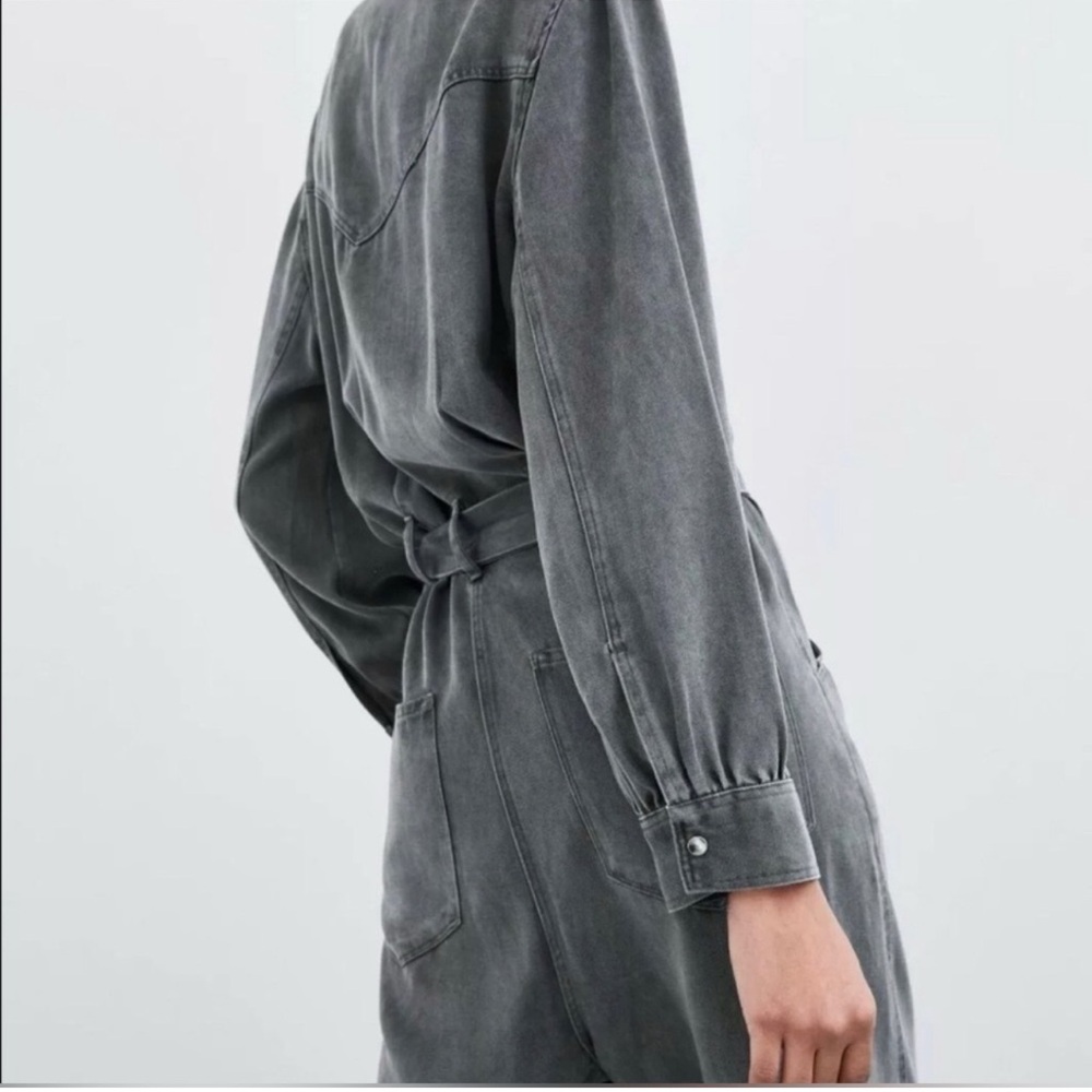 NWT Zara Grey Jumpsuit buttoned with waist tie and elastic hems, Small - Picture 3 of 14